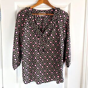 Skirtin Around Pink Tan Black Geometric Ruffled Silk Top